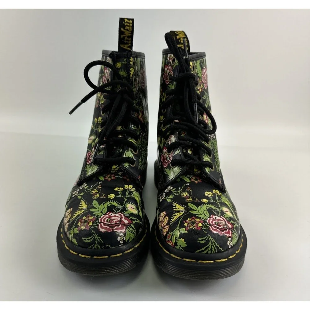 Dr Martens Floral Bloom Leather Combat Boot Lace Up Ankle Black Pink Womens 6 - Picture 3 of 13